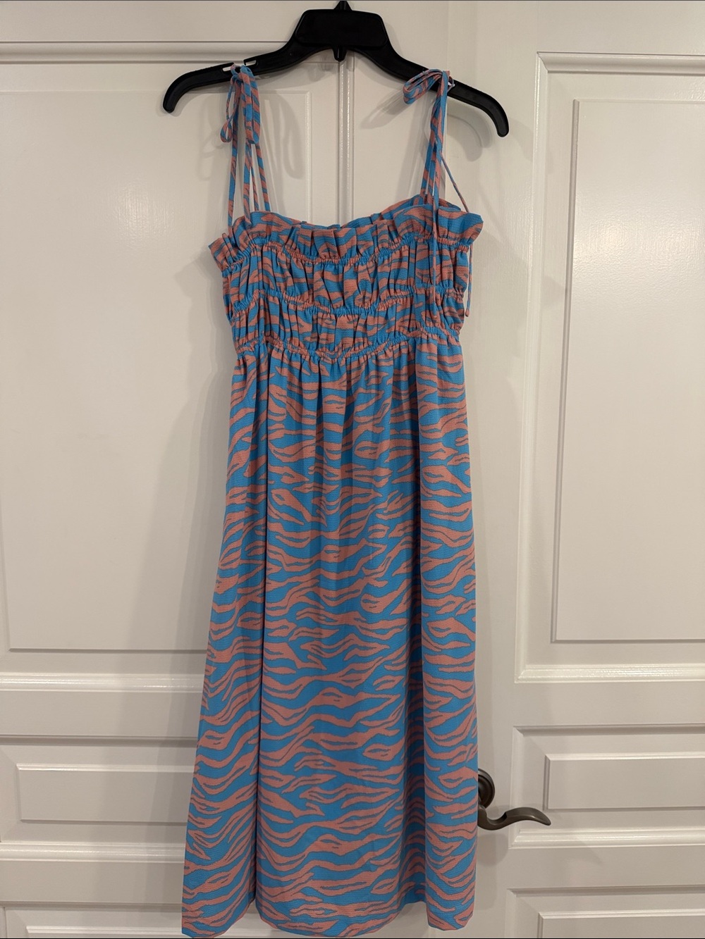 Buddy Love Pink and Blue Zebra-Print Smocked Midi Dress